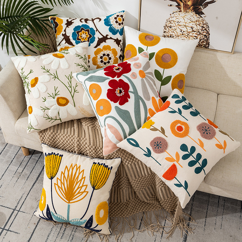 Embroidered Flower Plant Pillow